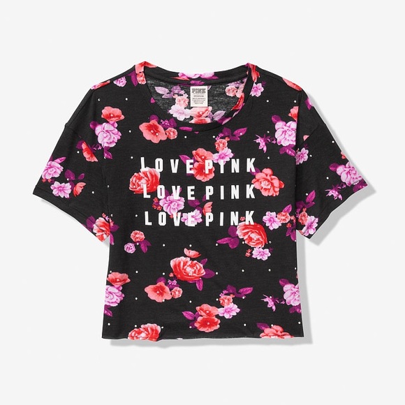VS PINK Black Floral Rhinestone Girlfriend Cropped Oversized Short Sleeve Tee - Picture 2 of 2